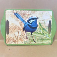 Load image into Gallery viewer, Our beautiful Splendid Fairywren table serving tray is the perfect gift for Blue wren lovers.  This stunning design is also available in table coasters. Together they make the perfect gift set.   Ceramic tray | Non slip cork backing | 18 x 28 cm | Glossy finish | Colourful as shown in photo&#39;s.