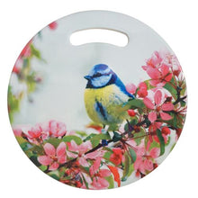 Load image into Gallery viewer, A colourful mix of blue, yellow, white and green makes the blue tit one of our most attractive and most recognisable in the UK &amp; Europe.  Our stunning Blue Tit round trivet /sign is the perfect gift to brighten up any kitchen. You can even hang this beautiful image and display these beautiful colours.   This beautiful design is the perfect gift for lovers of birds.