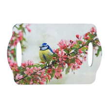 Load image into Gallery viewer, A colourful mix of blue, yellow, white and green makes the blue tit one of our most attractive and most recognisable in the UK &amp; Europe.  Our stunning Blue Tit serving tray is the perfect gift to brighten up any kitchen table. Serve all of your favourite snacks and treats on this beautiful tray.  Ceramic serving board | Cork non slip backing | 18 x 28 cm | Glossy finish | Two handles to help serve.