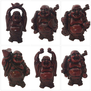 Buddhas - Lucky Set Of Six Ornament / Statues - Abundance, Good Health Wealth.  Our beautiful set of 6 heavy solid mold statue's are the perfect gift for your home or office. View our full range of gifts - Keychains & Gifts Australia  Bring good health, wealth, luck and balance into your home with a little Feng Shui.   Six different statues - Heavy solid molds -Red dark burgundy in colour - average size of statues are 9-11cm high.