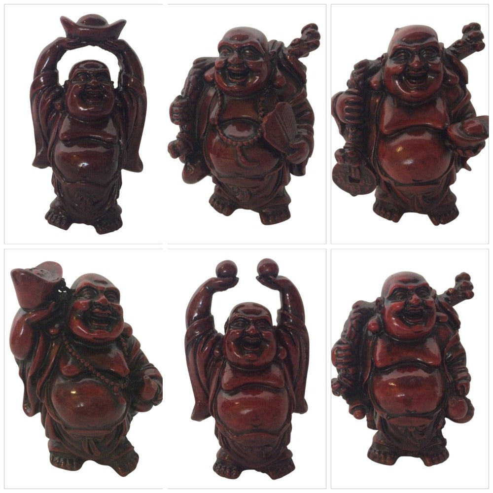 Buddhas - Lucky Set Of Six Ornament / Statues - Abundance, Good Health Wealth.  Our beautiful set of 6 heavy solid mold statue's are the perfect gift for your home or office. View our full range of gifts - Keychains & Gifts Australia  Bring good health, wealth, luck and balance into your home with a little Feng Shui.   Six different statues - Heavy solid molds -Red dark burgundy in colour - average size of statues are 9-11cm high.