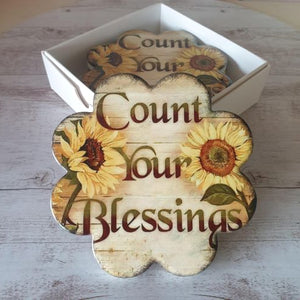 Count Your Blessings Gift Home Set | Sunflower Gifts | Blessings Coaster Set & Sign