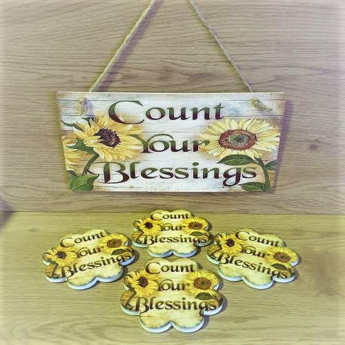 Count Your Blessings Gift Home Set | Sunflower Gifts | Blessings Coaster Set & Sign