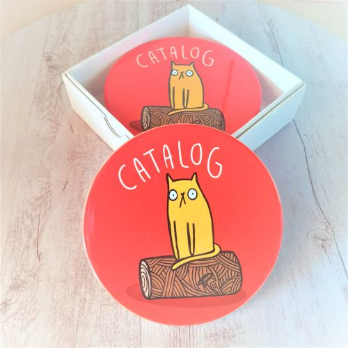 Cat Coaster Gift | Catalog Round Cat Coasters | Boxed Set Of 4 Ceramic Gloss Finish