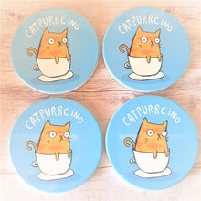 Load image into Gallery viewer, Our adorable funny Catpurrcino cat coasters are the purrrfect cat lovers gift.  Boxed set of 4 same design | Blue | Ceramic | Cork backing | Diameter 10cm.  Design also available in kitchen trivet &amp; magnet | View our shop for the purrrfect gift - Keychains &amp; Gifts Australia.