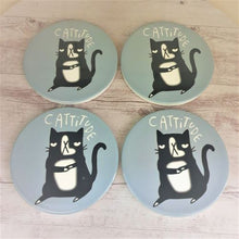 Load image into Gallery viewer, Cat Coaster Gift | Cattitude Funny Cat Ceramic Round Gloss Coasters | Boxed Set Of 4