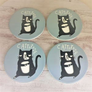 Cat Coaster Gift | Cattitude Funny Cat Ceramic Round Gloss Coasters | Boxed Set Of 4