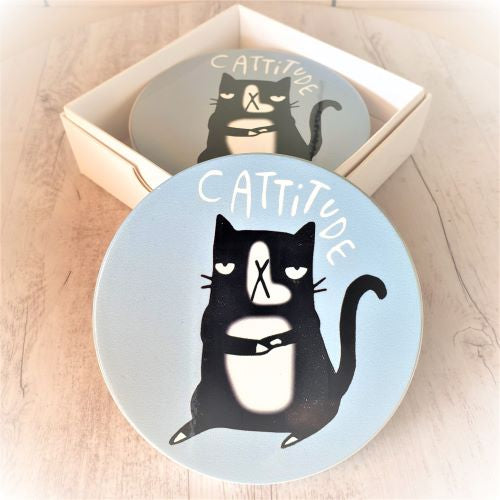 Cat Coaster Gift | Cattitude Funny Cat Ceramic Round Gloss Coasters | Boxed Set Of 4