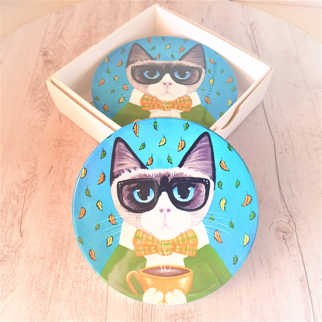Cat Coasters Gift | Coffee Cat Ceramic Round Coasters | Boxed Set Of 4 |Cat Lovers Gift