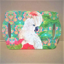 Load image into Gallery viewer, Our beautiful Australian Corella design is the perfect gift for bird lovers. Brighten up any table or kitchen area with this beautiful serving tray.  Quality ceramic serving board | Cork non slip backing | 18 x 28 cm | Glossy finish | Two handles to help serve.  This beautiful design is also available in matching coasters, cheese board &amp; trivet.  Save when you purchase the full set of 4 item&#39;s. View our full range of gifts, we have something for everyone - Keychains &amp; Gifts Australia. 