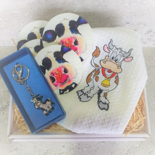 Cow Gift Box Hamper Set | Quirky Cow Lovers Gift | Cow Coasters Keyring Tea towel
