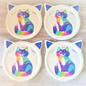 Cat Coaster Gift | Crazy Cat Lady Gift | Rainbow Cat Image | Cat Shaped Set Of 4 Boxed