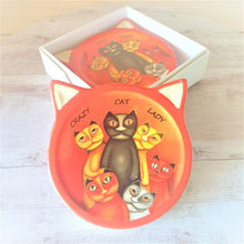 Load image into Gallery viewer, Our adorable cat coasters are the purrrfect gifts for cat lovers. Brighten up any table, bar or kitchen area with a set of our beautiful coasters.   Design also available in magnet &amp; round coasters.   11 x 11 cm cat shaped | Ceramic | Cork non slip backing | White gift box with lid | Set of 4 same design | Glossy finish    The purrrfect gift for any crazy cat lady. Keychains &amp; Gifts Australia