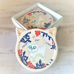 Crazy Cat Lady cute cat shaped coasters. The purrfect gift for any Crazy Cat Lady.  11 x 11 cm | Ceramic | Cork Backing | Cat Shaped | Boxed set of 4 same design.  Keychains & Gifts Australia | Purrrfect gifts.