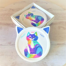 Load image into Gallery viewer, Cat Coaster Gift | Crazy Cat Lady Gift | Rainbow Cat Image | Cat Shaped Set Of 4 Boxed