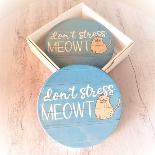 Cat Coaster Gift | Don't Stress Meowt Funny Round Ceramic Coasters | Boxed Set Of 4