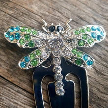 Load image into Gallery viewer, Dragonflies are truly beautiful, and dragonfly lovers will adore our dragonfly collection. Our beautiful hand made bookmarks are a truly stunning gift. Use as an everyday bookmark when ready your latest book, or bookmark your favourite recipe on your favourite book in the kitchen.  Your beautiful dragonfly will come boxed in our beautiful A Gift For You blue gift box | 6 x 14 cm | Dragonfly - Full length 9 cm | Width 6 cm | Green, silver &amp; blue rhinestones | Silver metal.