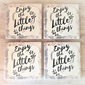 Enjoy The Little Things Gift Set | Hanging Plaque Sign & Coaster Set Of Four Ceramic