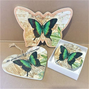 Butterfly Green - Gift Set | Butterfly Trivet Coaster Set & Hanging Heart Gift Set