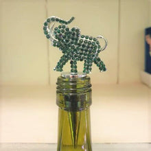 Load image into Gallery viewer, Our beautiful lucky dark green elephant bottle stopper is the perfect gift for any beautiful water or wine bottle.  Dark green rhinestones | Silver elephant and stopper | Boxed gift | Box 6 x 14 cm | A Gift For You writing on gift box | Stopper 10 x 4.5 cm.  A beautiful quality gift to give any passionate elephant or wine lover.