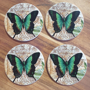 Butterfly Green - Coaster Gift Set Of 4 | Boxed Gift | Round Ceramic Coasters