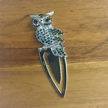 Load image into Gallery viewer, Silver metal bookmark | Owl silver &amp; dark green rhinestones | Boxed in our beautiful blue gift box ready to gift with the writing A Gift For You | Full length 10 cm  | Owl only 4 x 6.5 cm.  View our full range of beautiful gifts, we have something for everyone - Keychains &amp; Gifts Australia.