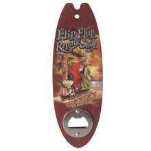Load image into Gallery viewer, This Surfboard Gift features a unique Flip Flop Repair Shop Bottle Opener design that doubles as a fridge magnet. Made with durable surfboard material, it&#39;s perfect for opening drinks and adding a touch of beachy charm to any kitchen or bar. A must-have for surf and flip flop enthusiasts.