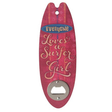 Load image into Gallery viewer, This Surfboard Gift bottle opener kitchen magnet features a fun and unique design of a surfer girl surfboard. Made of durable material, it also serves as a fridge magnet. Perfect for any ocean lover, it is a functional and decorative addition to any kitchen or bar.