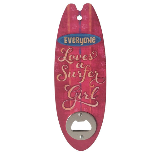 This Surfboard Gift bottle opener kitchen magnet features a fun and unique design of a surfer girl surfboard. Made of durable material, it also serves as a fridge magnet. Perfect for any ocean lover, it is a functional and decorative addition to any kitchen or bar.