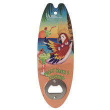 Load image into Gallery viewer, This magnetic bottle opener featuring a surfing bird adds a touch of humor to your kitchen. The surfboard design makes it a unique and functional gift for any surfer or beach lover. Say goodbye to misplaced bottle openers with this handy bar tool.