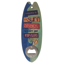 Load image into Gallery viewer, Welcome to The Shack! This unique surfboard-shaped bar magnet doubles as a bottle opener, making it a perfect addition to any beach or coastal-themed kitchen. Its fun and functional design is sure to bring a touch of the ocean to your home.