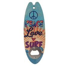Load image into Gallery viewer, Discover the perfect gift for the surf enthusiast in your life. This unique bar bottle opener and kitchen magnet features a colorful surfboard design, embodying the spirit of peace and love. With its durable construction and easy-to-use design, it&#39;s the perfect addition to any kitchen or bar setup. Enjoy the laid-back vibes while effortlessly opening your favorite beverages.