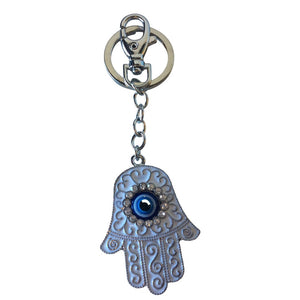 White Hand Of Protection ( Hand of Hamsa ) white / silver key bag chain.  The Hamsa Hand is a universal sign of protection, power and strength that dates back to ancient Mesopotamia. Known as the Hand of Fatima in Islam and Hand of Miriam in Judaism, it's believed to protect against against the evil eye and and all negative energies.