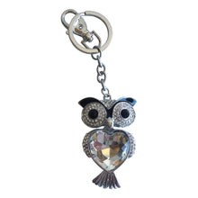 Load image into Gallery viewer, Owl Keyring Gift | Large Clear Silver Gemstone Rhinestone Owl Keychain | Owl Lover Gift