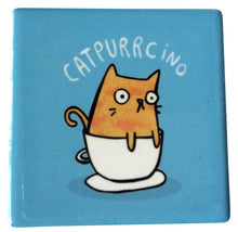 Load image into Gallery viewer, Our super cute Catpurrcino cat magnet is the purrfect gift for any cat &amp; coffee lover.  Design is also available in coasters &amp; kitchen trivet. Your cute cat magnet will come in a Purrfect little organza gift bag.  5.5 x 5.5 cm - Ceramic - Gloss Finish - Magnetic Backing - Come&#39;s in organza cat gift bag.  View our whole shop for more beautiful gifts - Keychains &amp; Gifts Australia 