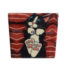 Load image into Gallery viewer, Cute kitty cat magnet. 5.5 x 5.5 cm - Ceramic - Magnetic backing -  Gloss finish - Come&#39;s in our cute cat organza gift bag.    Our super cute kitty cat design is the purrrfect gift for any crazy cat lady in your life, or to yourself. This design also available in coasters &amp; kitchen trivet.  Design also available in coasters - view our online shop for more Purrrfect cat gifts.   Free delivery on orders over $20 Australia wide - For orders under $20 a fee of