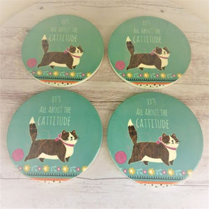 Cat Coaster Gift | It's All About The Cattitude | Set Of Boxed Gift | Cat Lover Gifts
