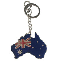 Load image into Gallery viewer, Aussie Flag - Australian map shaped hand made keyring / bag chain. Perfect gift on Australia day, for tourist to our beautiful country or for any lover of Australia.  All keychains come in a beautiful organza gift bag - Map 5 x 6 cm - Silver chain - Metal - Map blue, red &amp; silver - Full length 12 cm   View our full range of beautiful gifts - Keychains &amp; Gifts Australia.