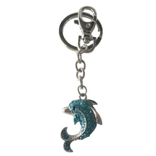 Load image into Gallery viewer, Blue stone Dolphin boxed keyring bag chain. Boxed in our beautiful A GIFT FOR YOU giftbox.   Dolphins are beautiful highly intelligent creature of our sea&#39;s, loved around the world. Dolphins can symbolize protection &amp; good luck. Great tourist gifts if you live along or around the seaside, or just a general lover of these beautiful animals.  Silver keychain - Blue rhinestones - 4 x 12 cm - Comes in organza gift bag ( colours will vary )  