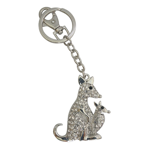 Kangaroo Silver Crystal stone keychain. The Kangaroo is one of Australia's iconic animals. Perfect Australia keepsake for tourist , or for all Kangaroo lovers.   Silver Keychain - Silver rhinestones - 5 x 13 cm - Comes in organza gift bag ( colours may vary )   View our full range of beautiful gifts - Keychains & Gifts Australia.