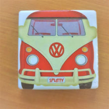 Load image into Gallery viewer, Kombi Splitty Magnet - The perfect gift for any Kombi lover or collector.  We have a great range of Kombi giftware - signs - money boxes - coasters - trivets &amp; keychains.   5.5 x 5.5 cm | Ceramic | Red &amp; white | Square | Magnetic backing | Gloss finish | Comes in organza cotton hippy tribal gift bag.