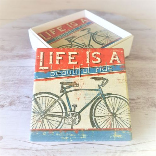 Life Is A Beautiful Ride Coasters | Ceramic Square Coasters | Boxed Set Of 4