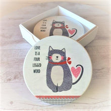 Load image into Gallery viewer, Cat Coaster Gift | Love Is A Four Legged Word Ceramic Set Of 4 Boxed Cat Gift