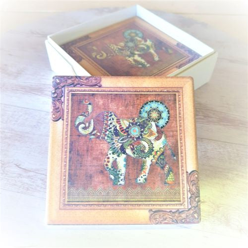 Elephant Coasters | Lucky Elephant Table Bar Coasters | Set Of 4 Ceramic Gift Boxed Set