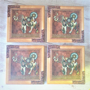 Elephant Coasters | Lucky Elephant Table Bar Coasters | Set Of 4 Ceramic Gift Boxed Set