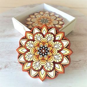 Mandala Earth Flower Coasters | Box Gift Set Of 4 Table Bar Coasters | Mandala Homeware