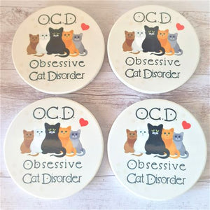 Cat Coasters | Funny OCD Obsessive Cat Disorder Boxed Gift Set | Cat Lover Gifts