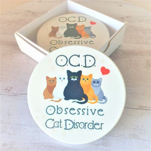 Cat Coasters | Funny OCD Obsessive Cat Disorder Boxed Gift Set | Cat Lover Gifts
