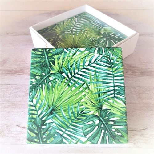 Tropical Palm Coasters | Ceramic Square Gloss Table / Bar Kitchen |  Boxed Set Of 4