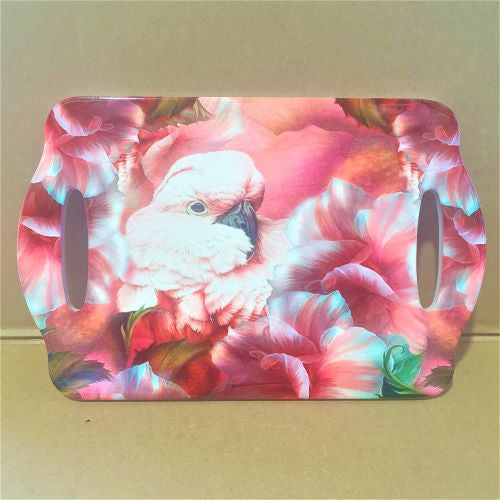 Our beautiful Australian pink & grey galah design is the perfect gift for bird lovers. Brighten up any table or kitchen area with this beautiful serving tray.  Quality ceramic serving board | Cork non slip backing | 18 x 28 cm | Glossy finish | Two handles to help serve.  This beautiful design is also available in matching coasters, cheese board & trivet.